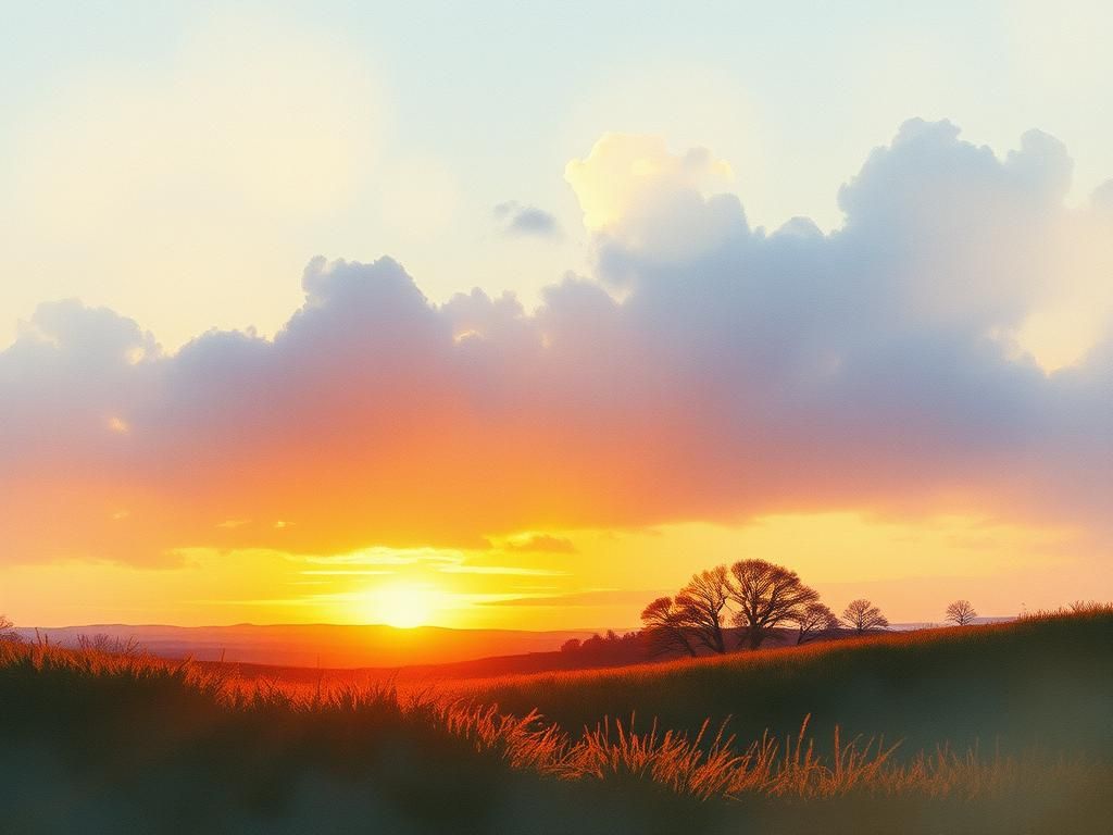Dreamy Sunset Landscape in Watercolor Style