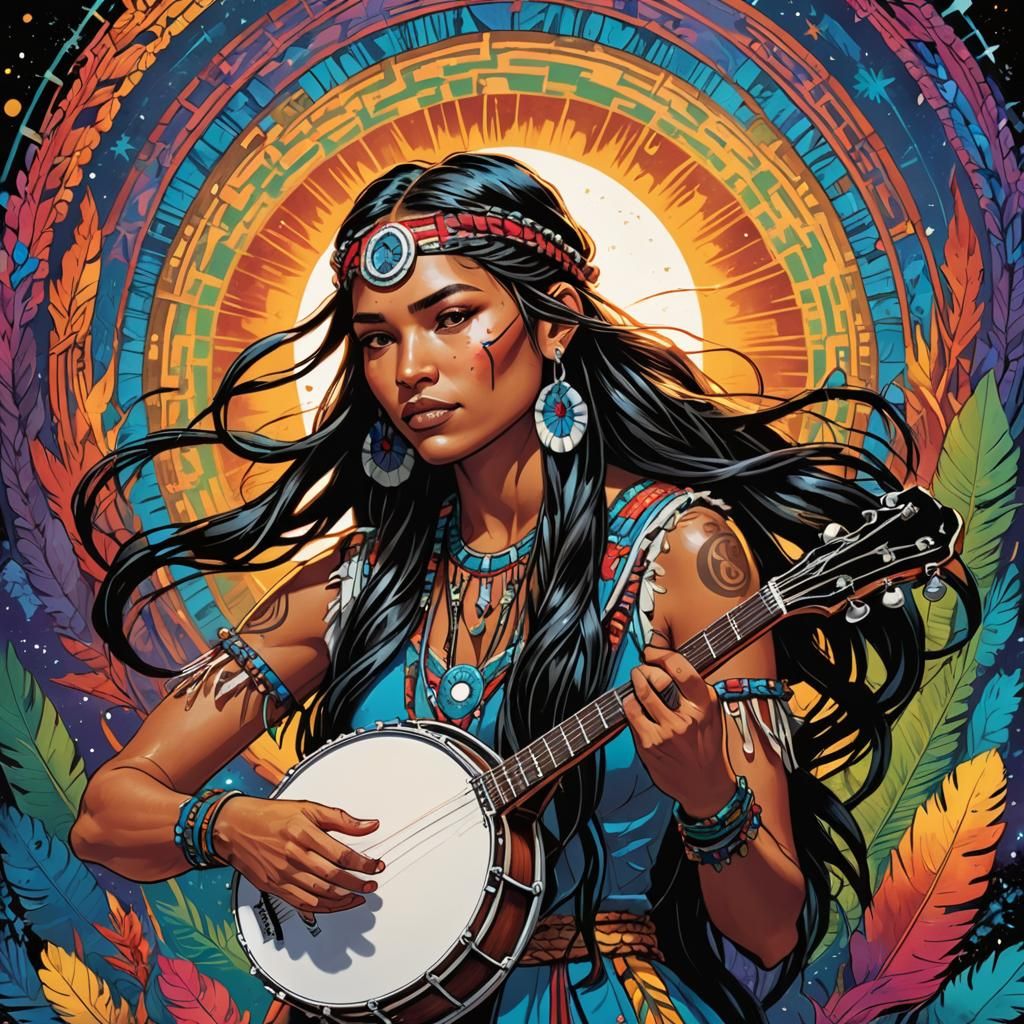 Native American Girl Playing Banjo, Comic Book Art