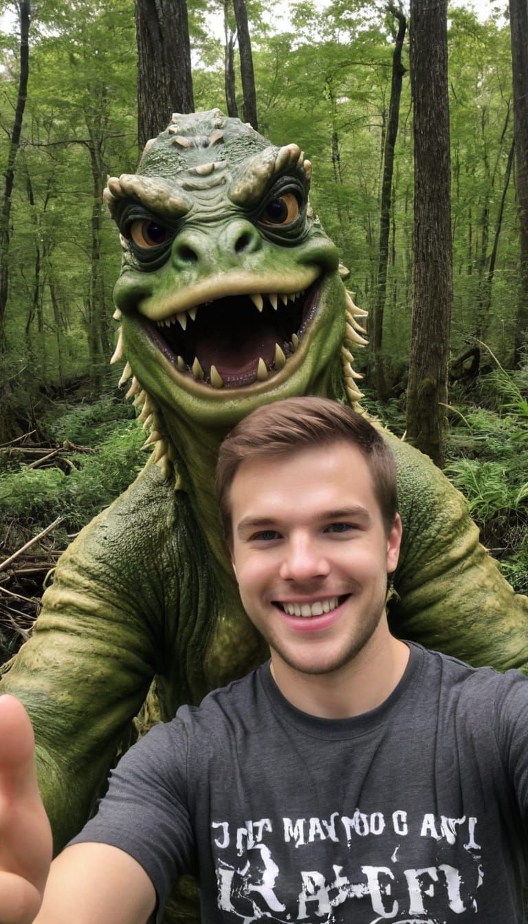 Humorous Selfie with a Swamp Monster