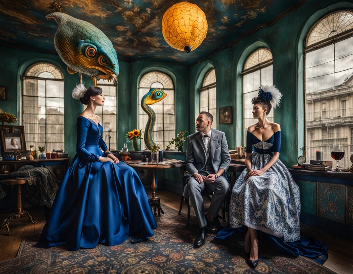 Surreal Restaurant Scene with Aliens, Hyperrealistic Paintin...