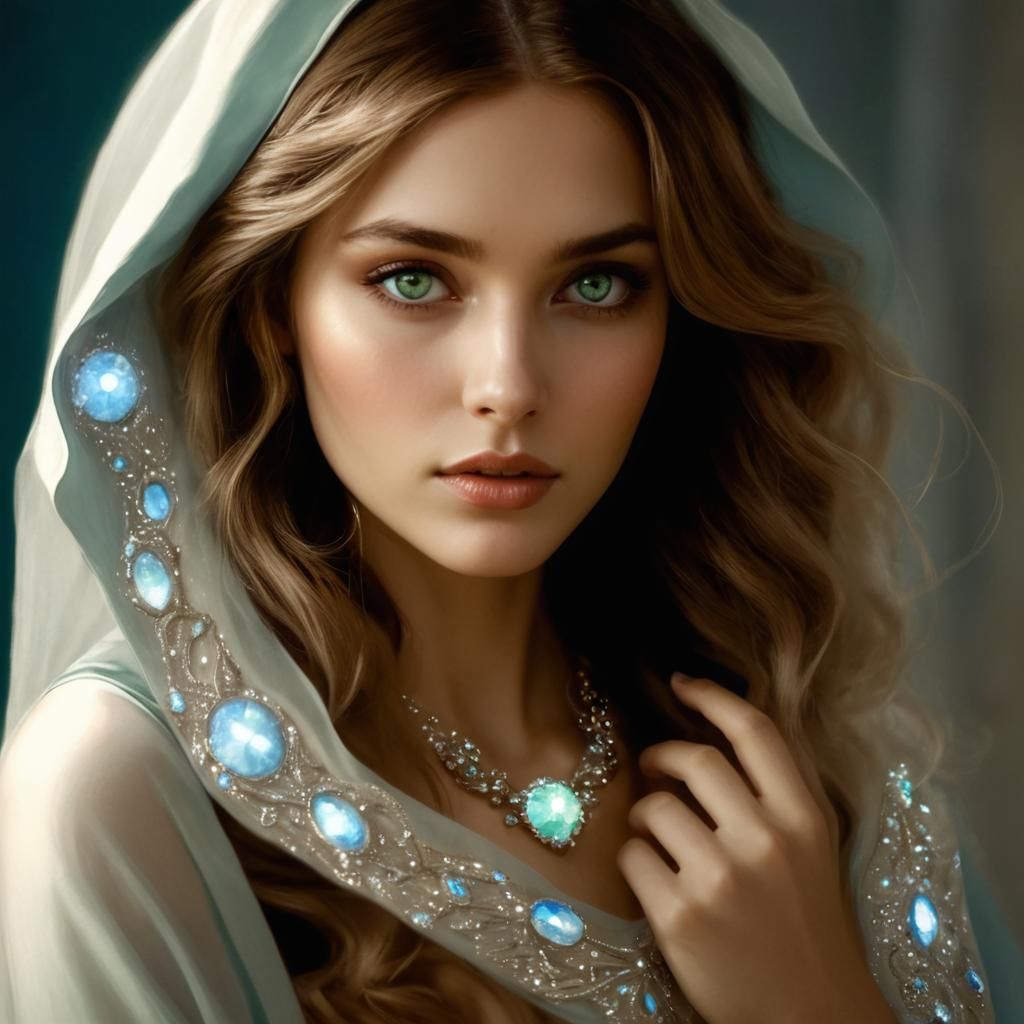 Elegant Portrait of Woman with Green Eyes in Art Nouveau Sty...