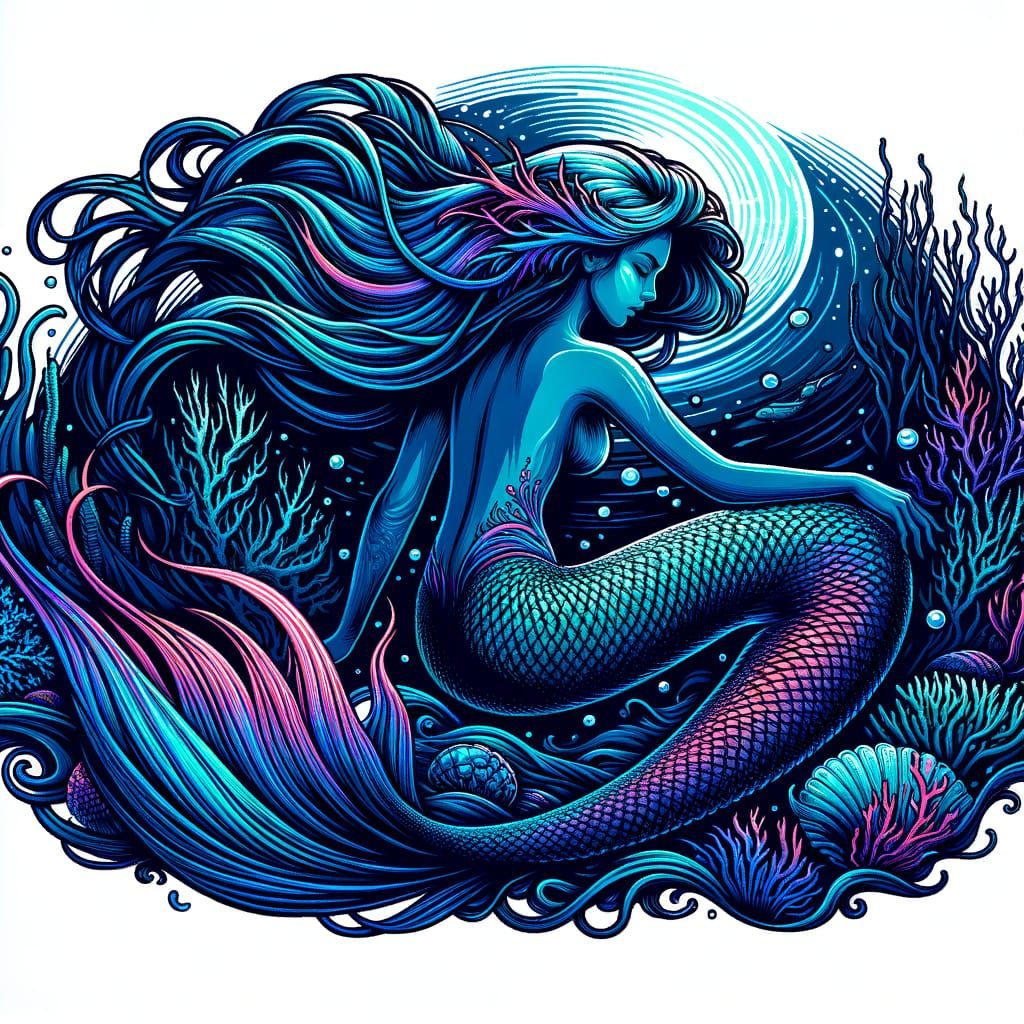 Enigmatic Mermaid in Moonlight with Neon Highlights