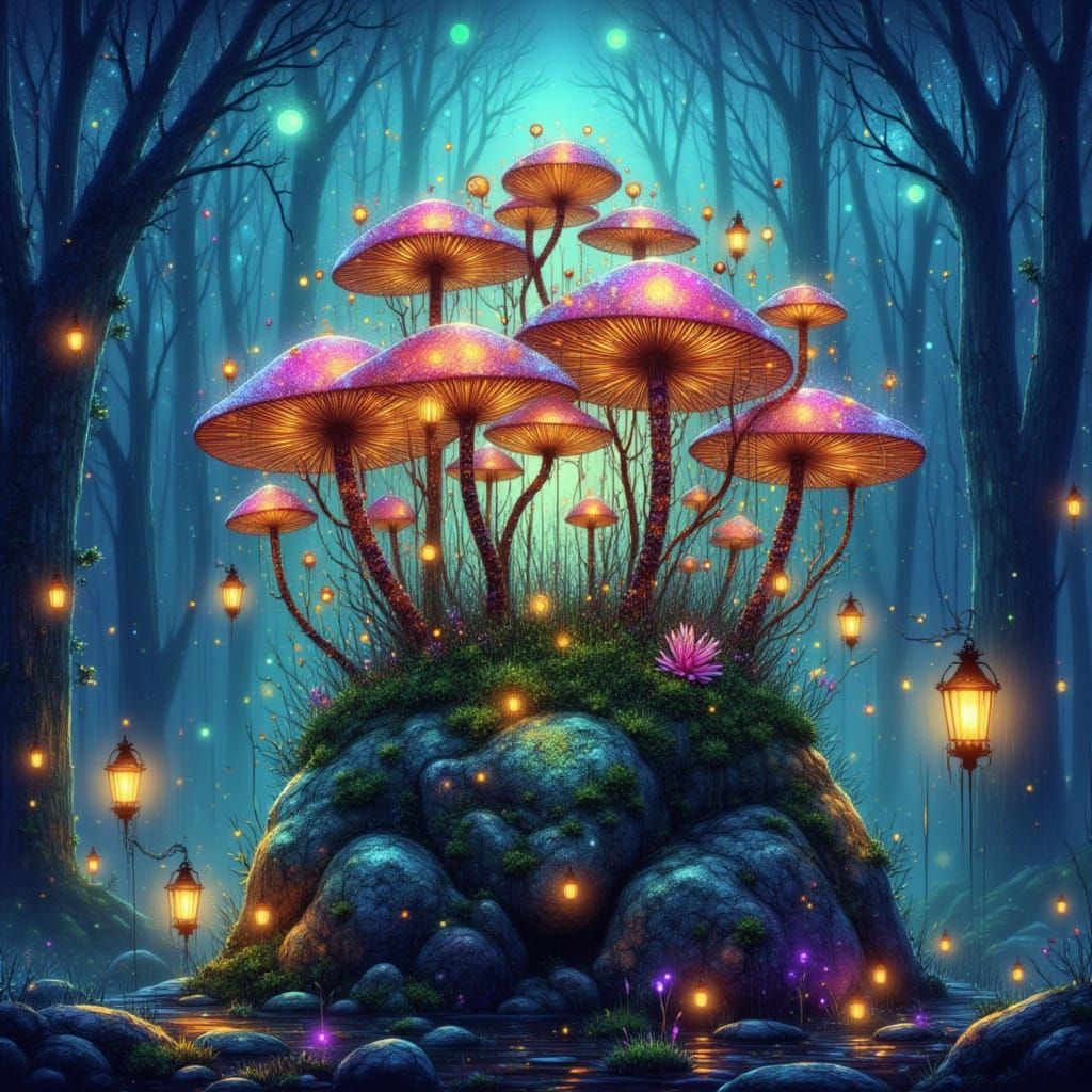 Bioluminescent Mushroom Crown on Ancient Stone in Enchanted ...