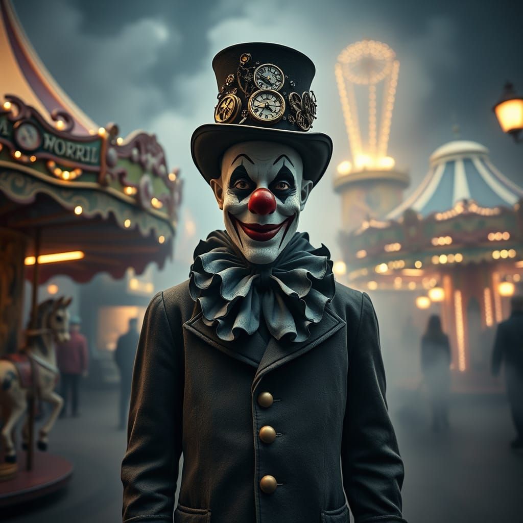 Steampunk Clown Amidst Vintage Carnival