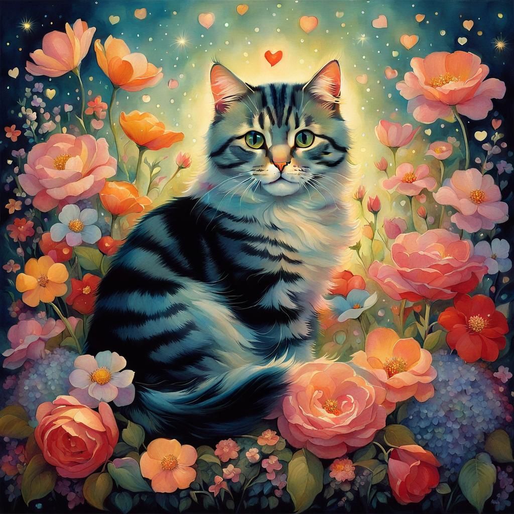 Whimsical Cat Surrounded by Flowers in Surreal Style