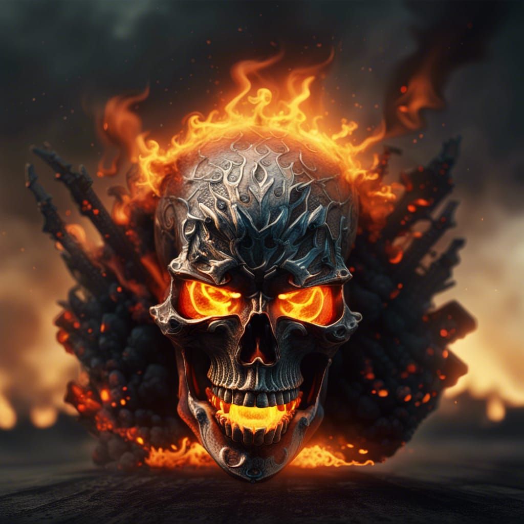 Flaming Skull Head in Digital Matte Painting Style