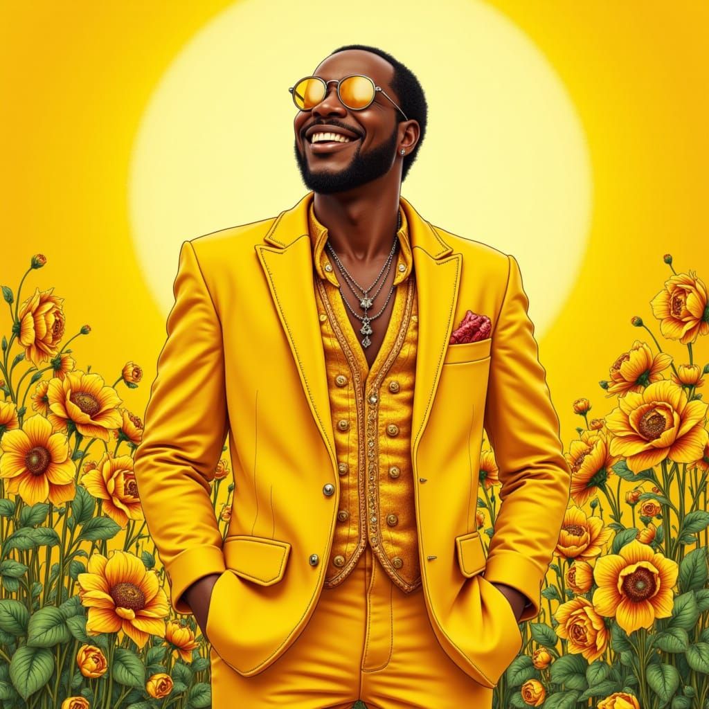 Stevie Wonder in Sunlit Meadow, Art Nouveau Style