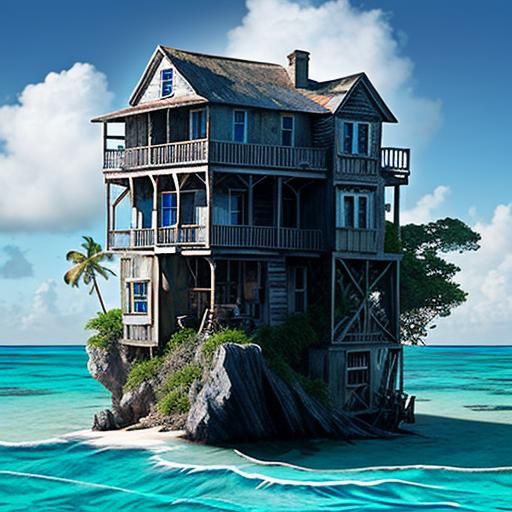 A multi-storey rickety old house on a tiny island in the mid...
