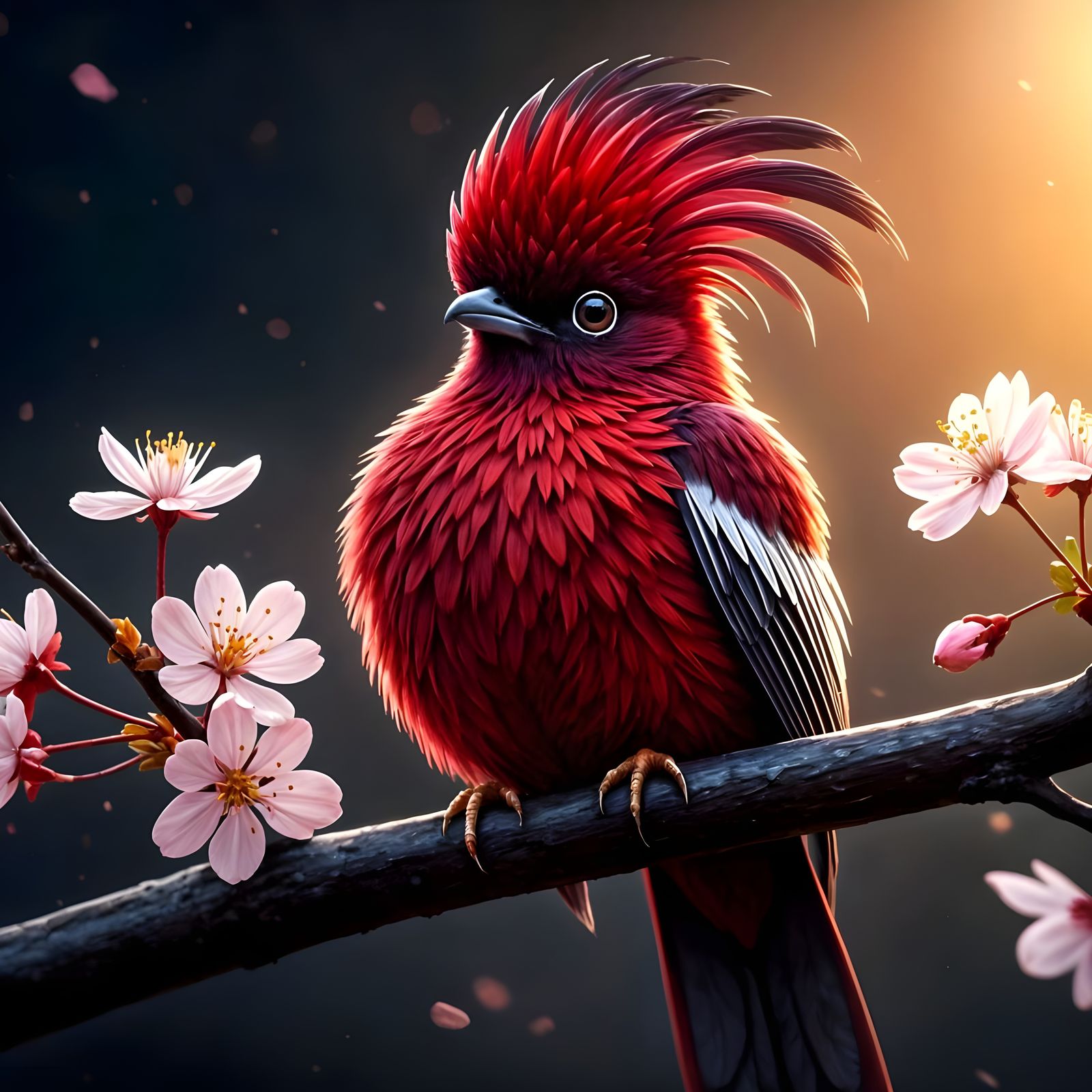 Vibrant Cherry Tree Scene with Pompadour Cotinga Bird in War...