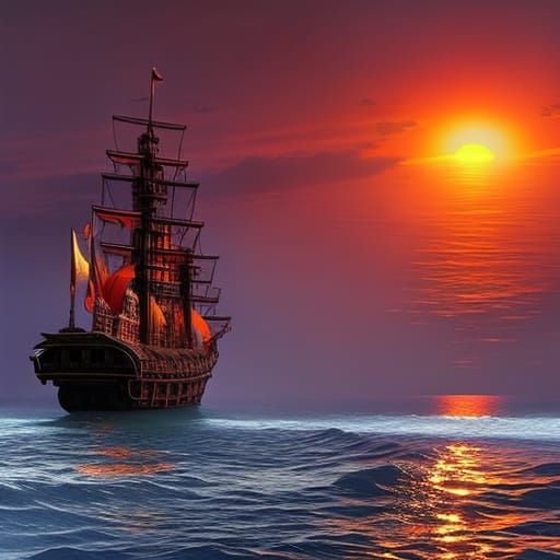 Pirate Ship at Sunset: Hyperdetailed Splash Art