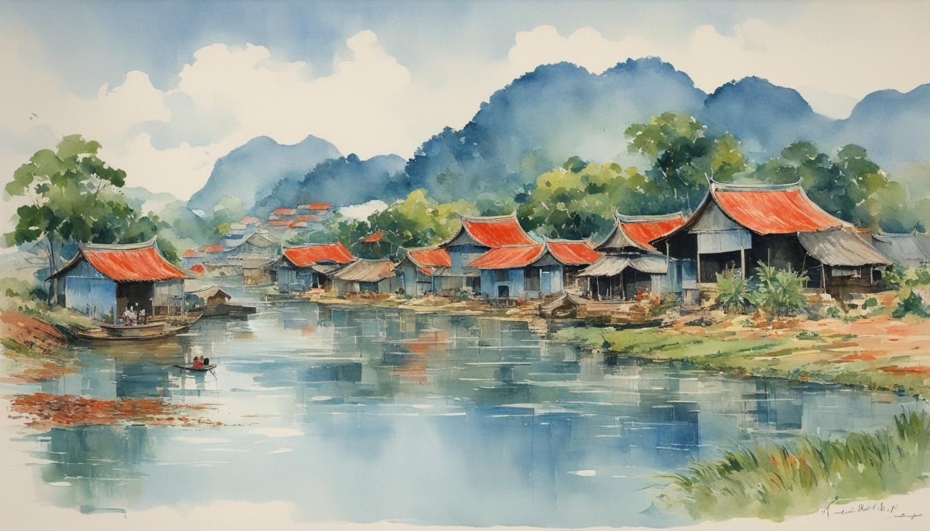 Vietnamese Village River Scene in Watercolor Style