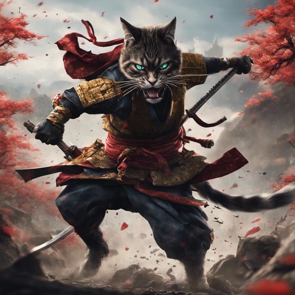 Furious Feline Samurai in Detailed Digital Painting