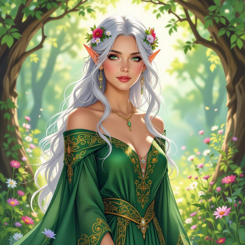 Regal Elf Noble in Sunlit Forest, Art Nouveau Style