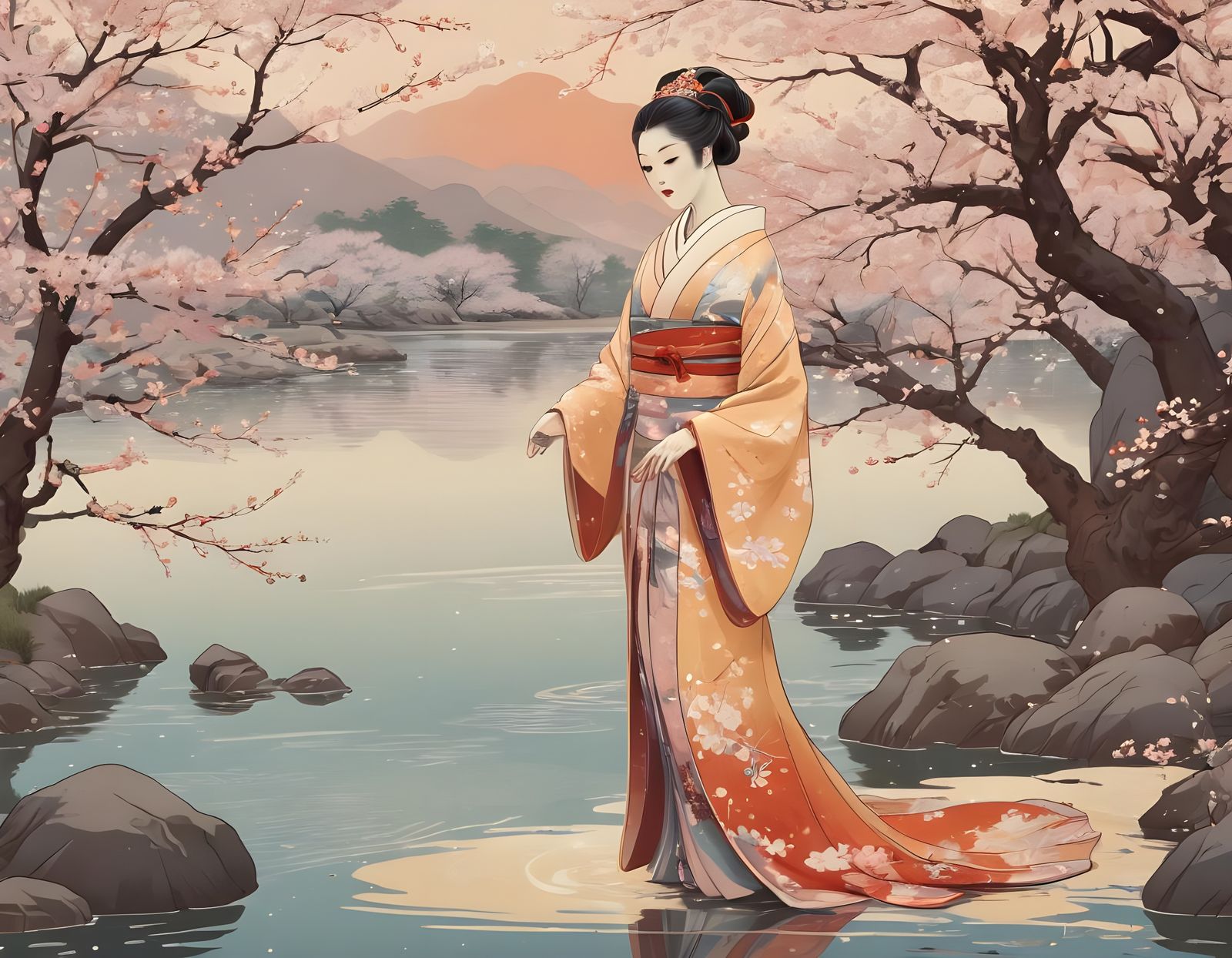 Surreal Princess in Edo Period Costume Amidst Nature's Harmo...