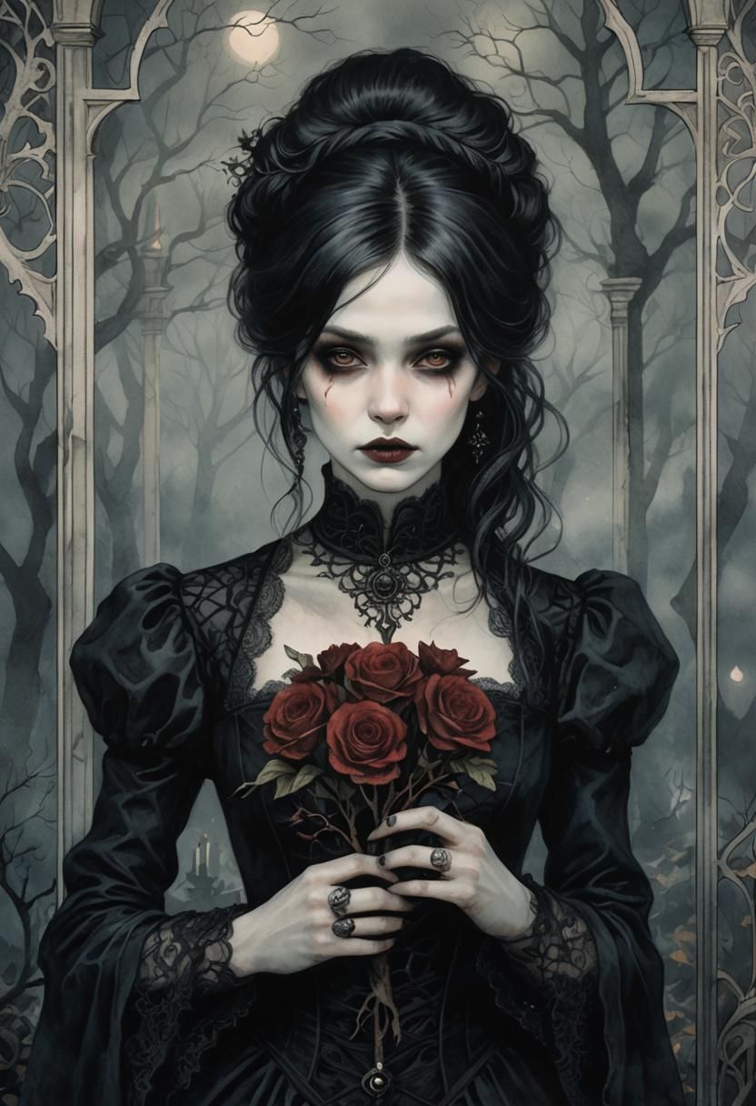 Gothic Girl Portrait in Moody Watercolor Style