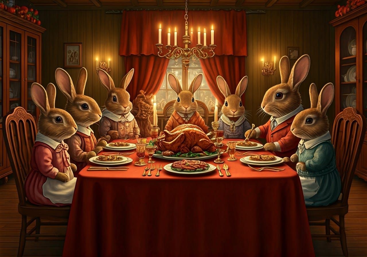 Rabbit Family's Thanksgiving Feast in Americana Style