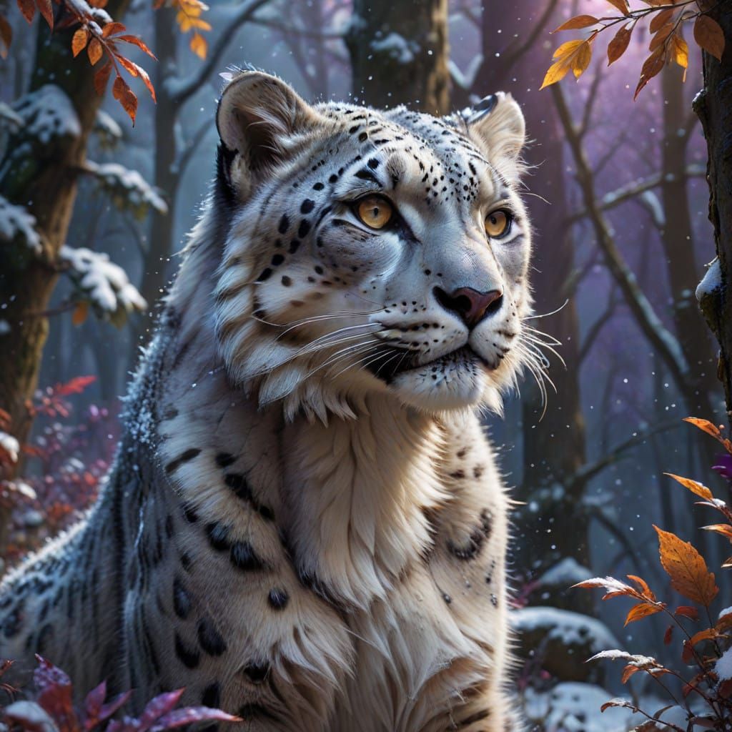 Snow Leopard Amidst Winter Wonderland in Dark Fantasy Art