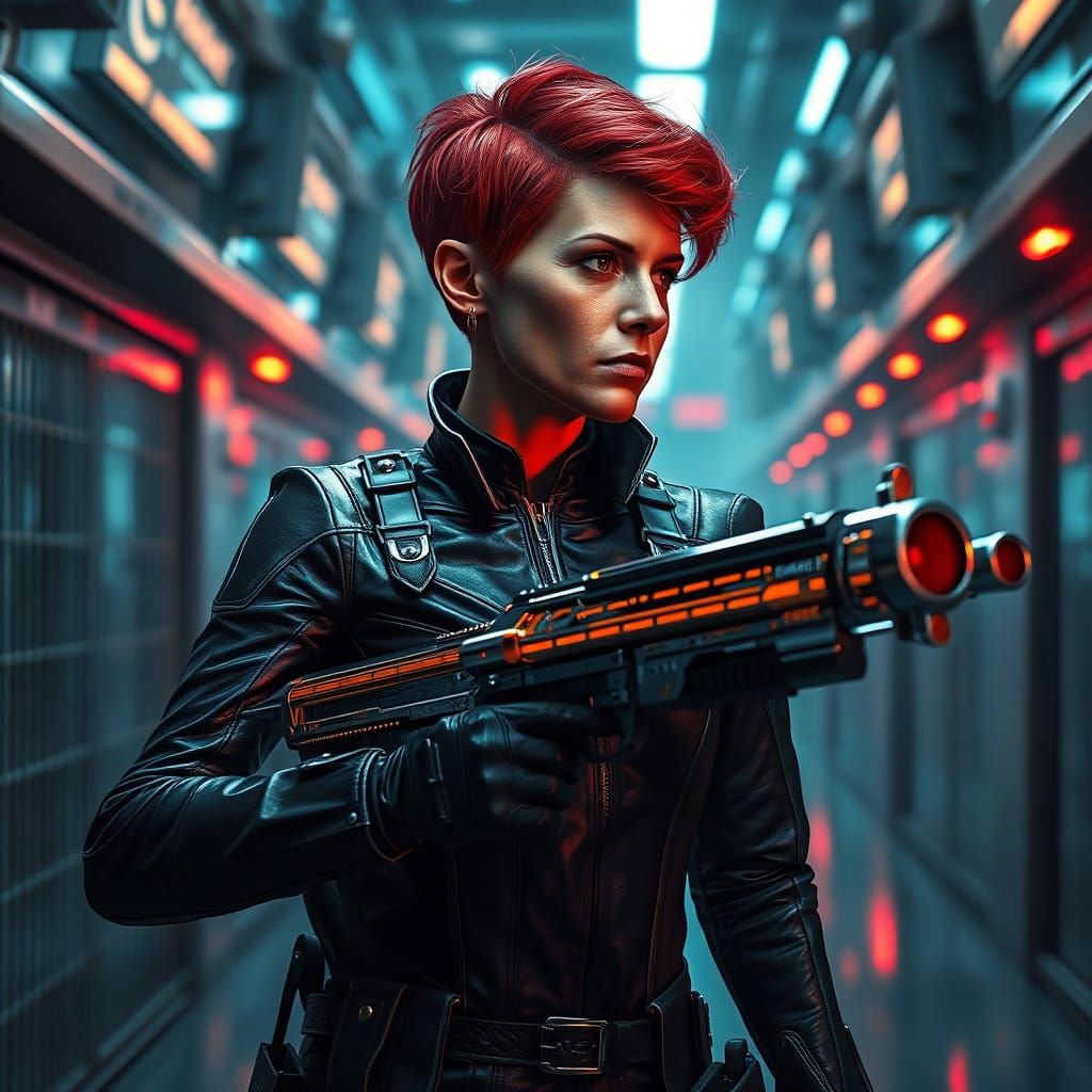 Futuristic Prison Guard in Black Leather