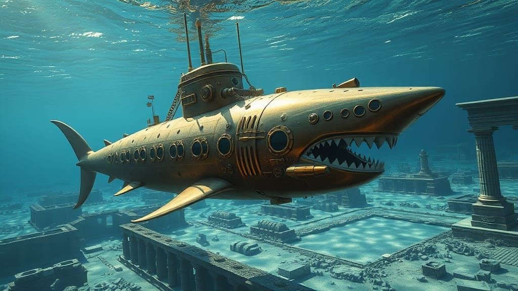Steampunk Shark Submarine Explores Ancient Greek Ruins