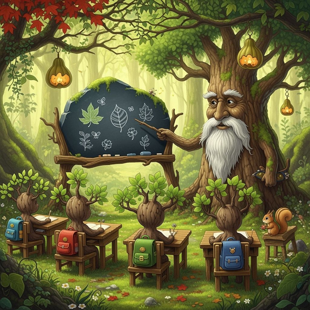 Whimsical Forest Classroom with Kid Trees