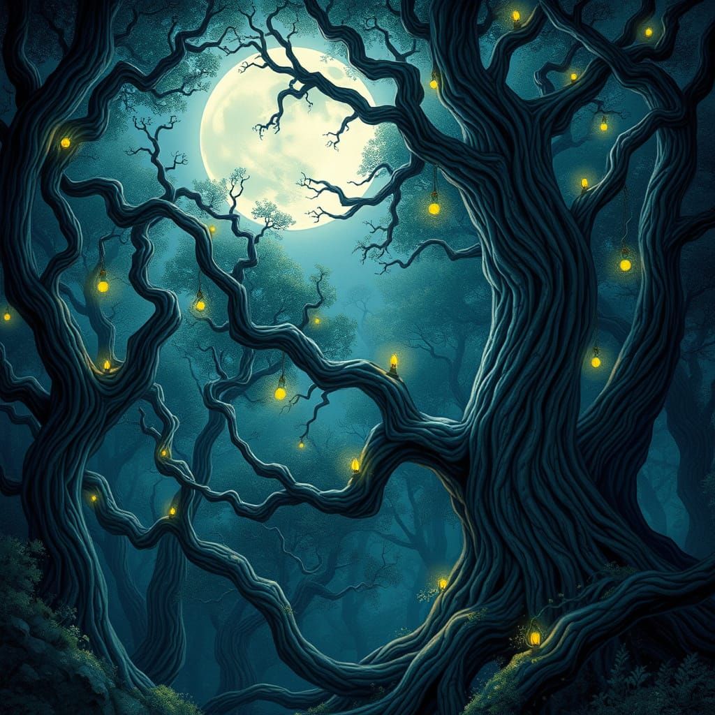 Mystical Moonlit Forest with Ethereal Mist
