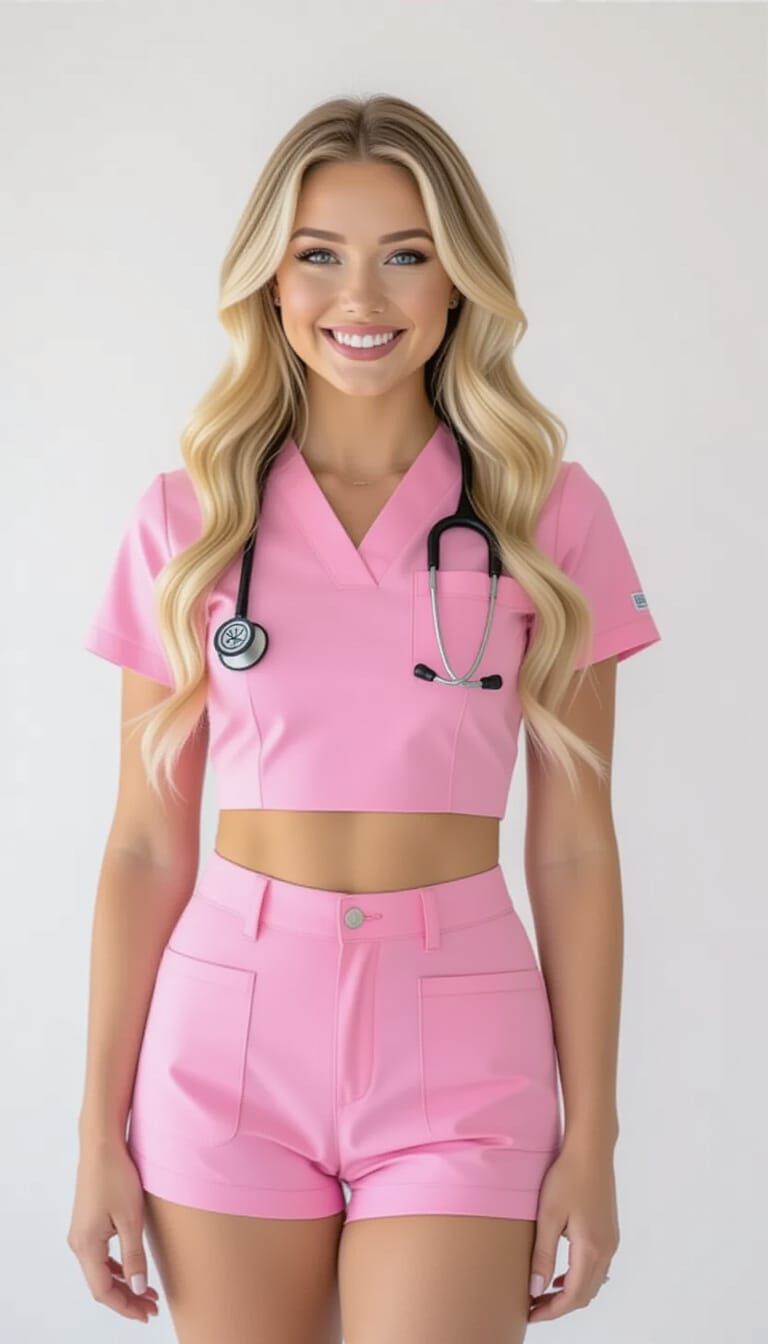 Blonde Nurse in Pink Outfit with Stethoscope