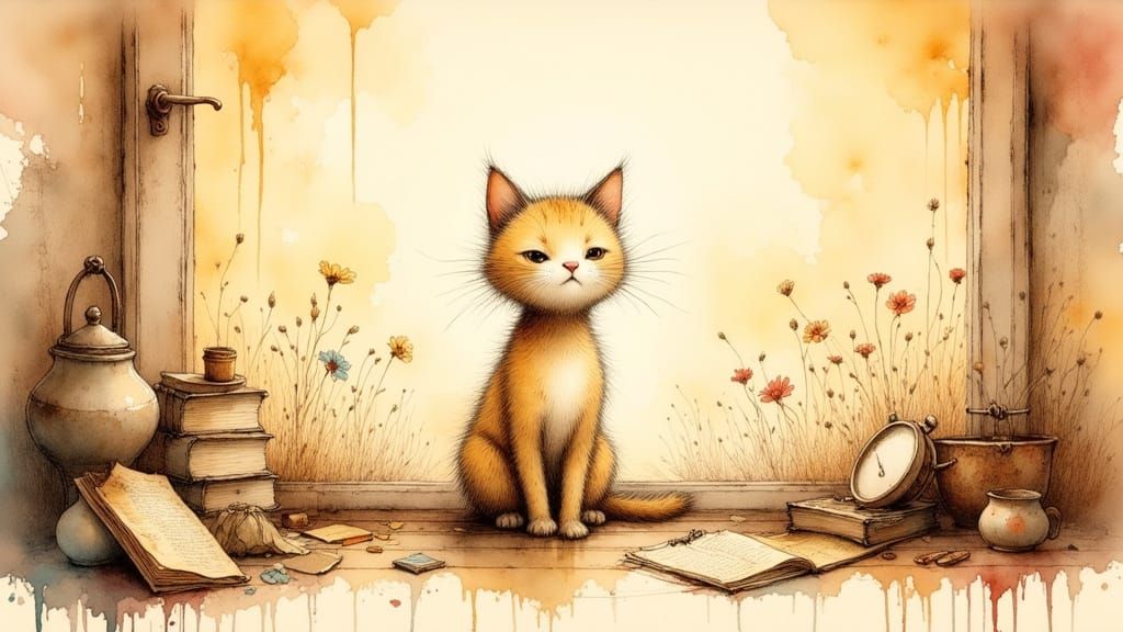 Whimsical Cat Surrounded by Nostalgic Memories
