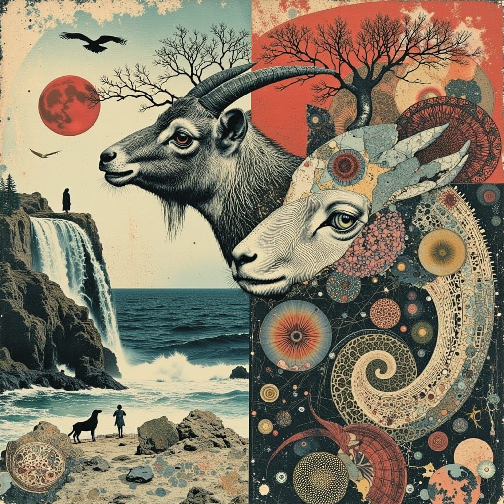 Surreal Robot Landscape with Owl-Goat Friend in Chagall Styl...