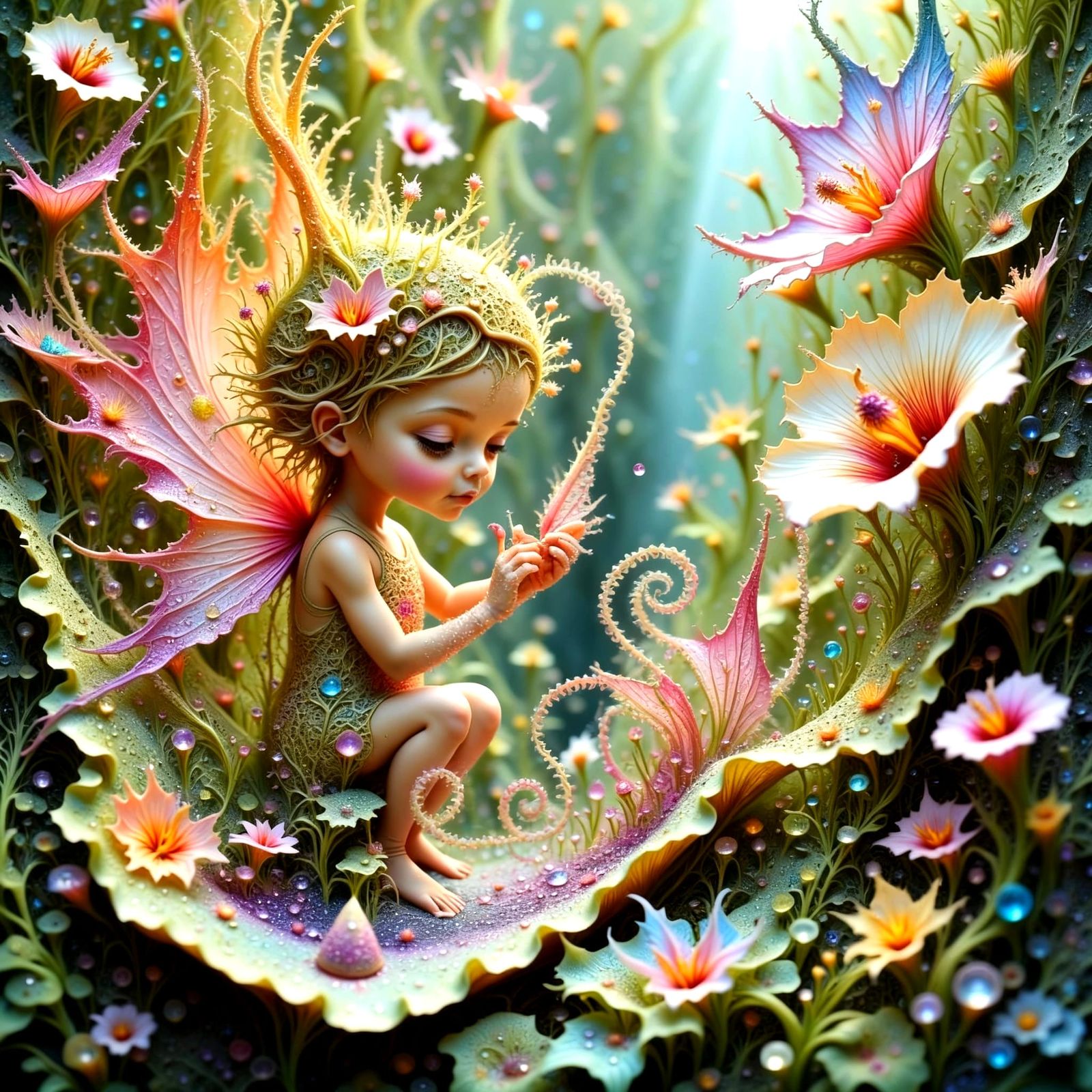 Intricate Fairies Painting Flowers in Magical Forest