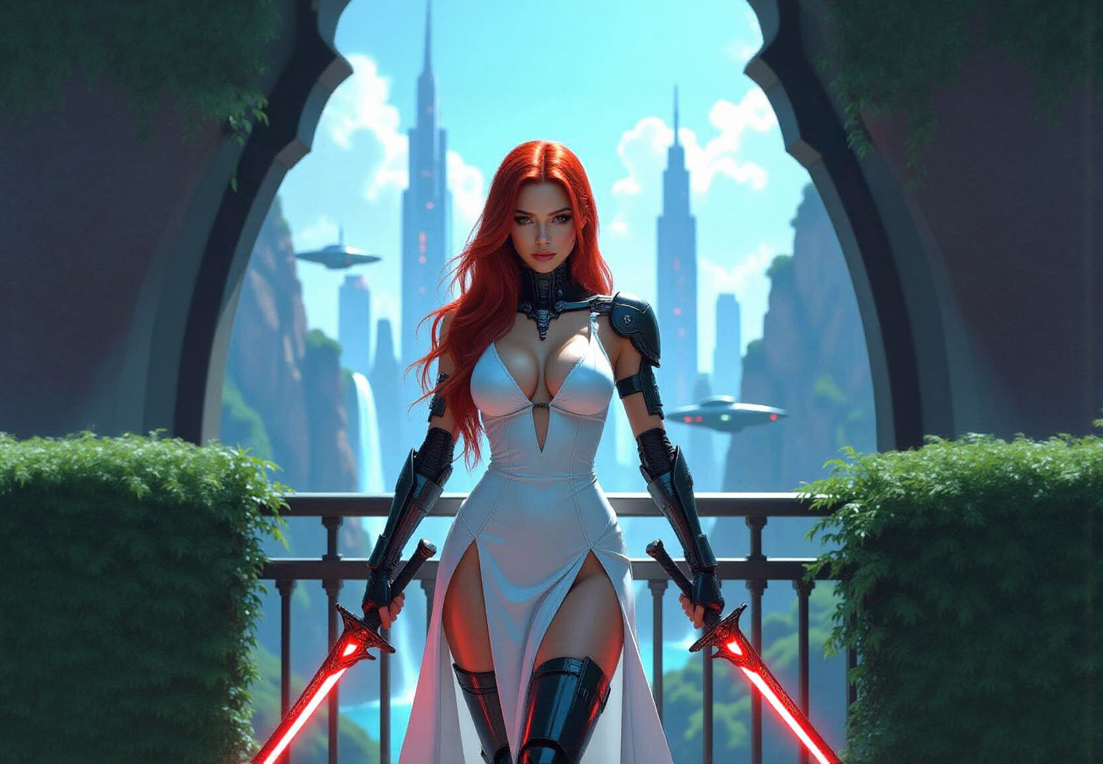 Cyberpunk Solarpunk Cityscape with Warrior Woman