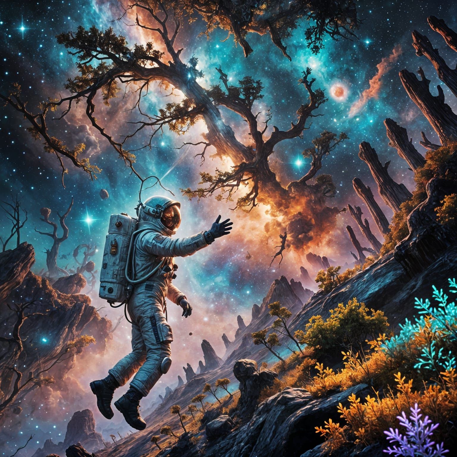 Astronaut Reaches for Alien Forest in Cosmic Nebula