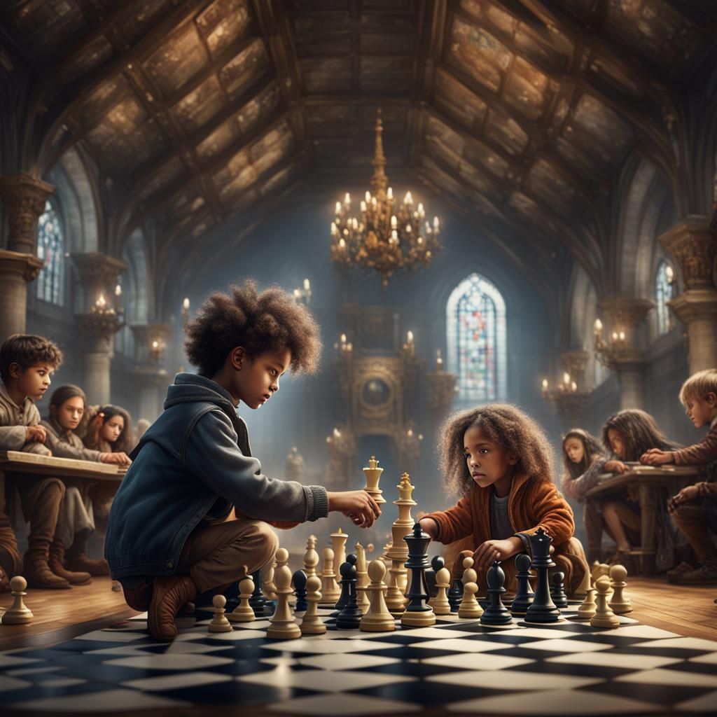 Children Play Chess in Fantastical Hall: Detailed Matte Pain...