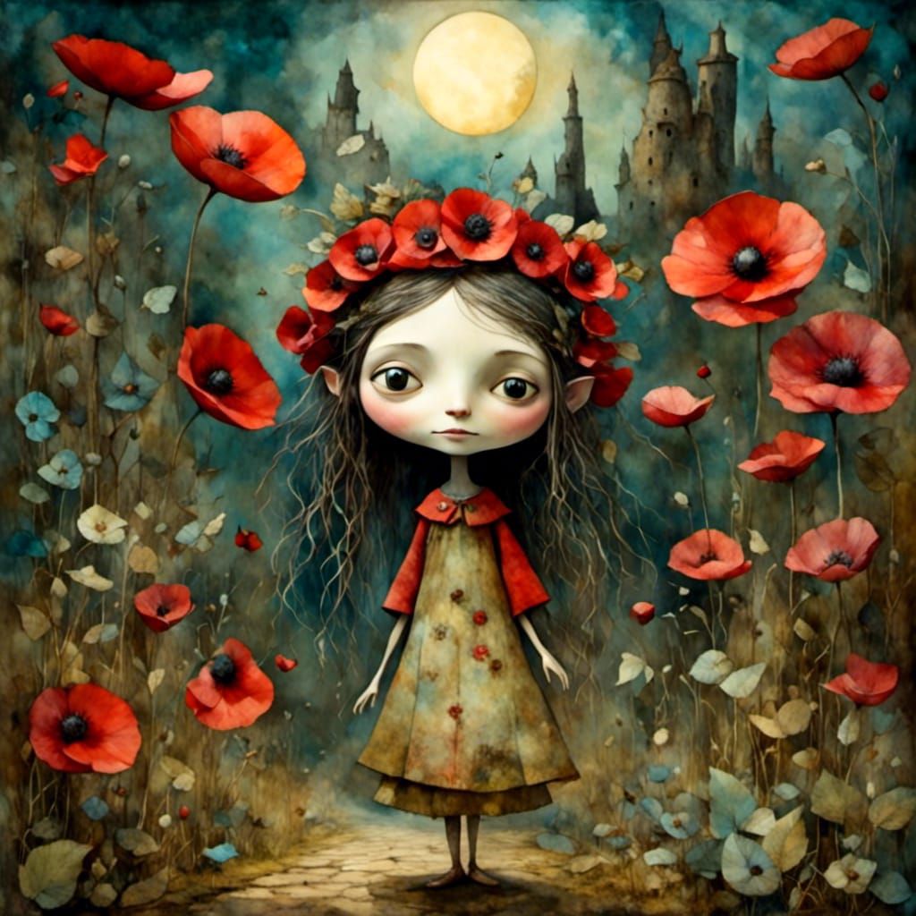 Girl in Poppy Field with Crown, Soft Focus