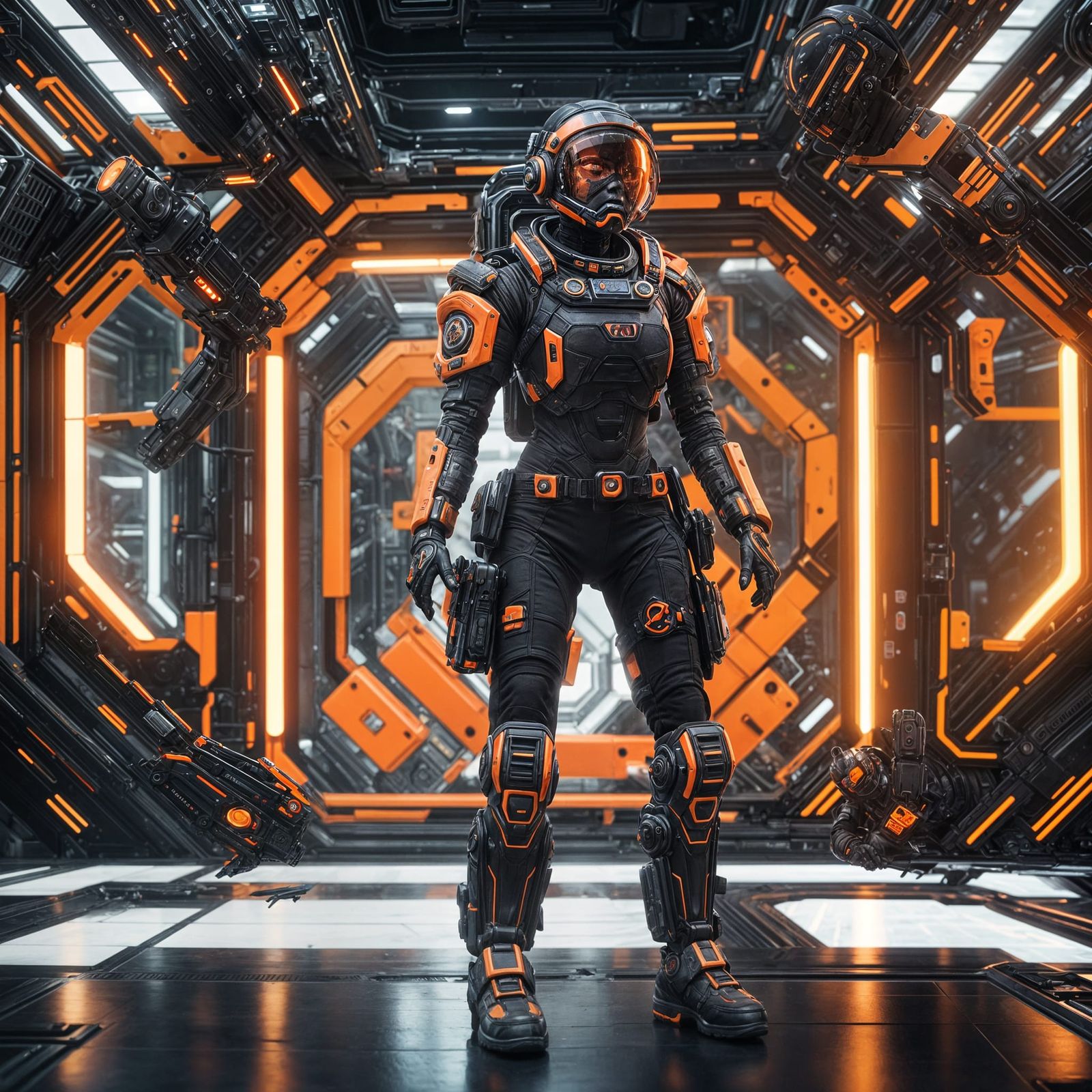 Futuristic Security Officer Patrolling Space Station in Exos...