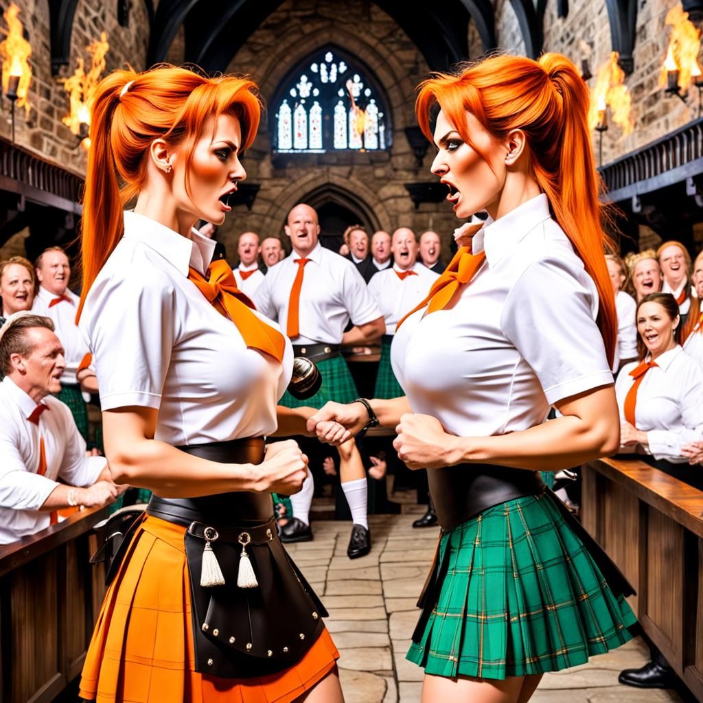 Waitresses Fight in Kilts Before Cheering Crowd