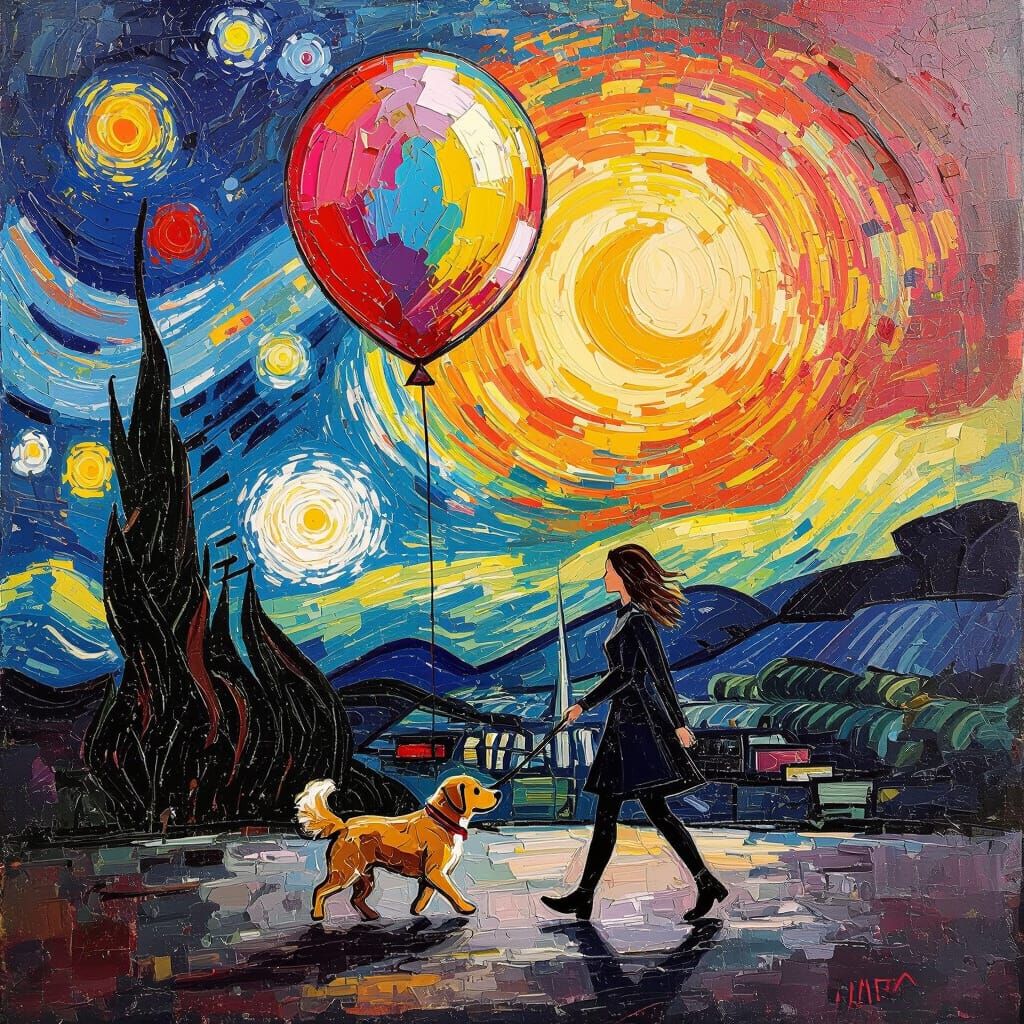 Woman Walks Floating Dog Amidst Abstract Expressionist Art