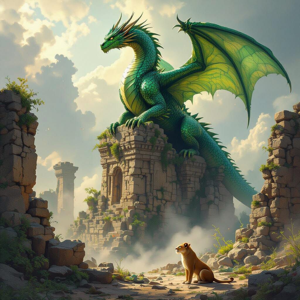 Majestic Emerald Dragon on Ancient Ruins with Lioness