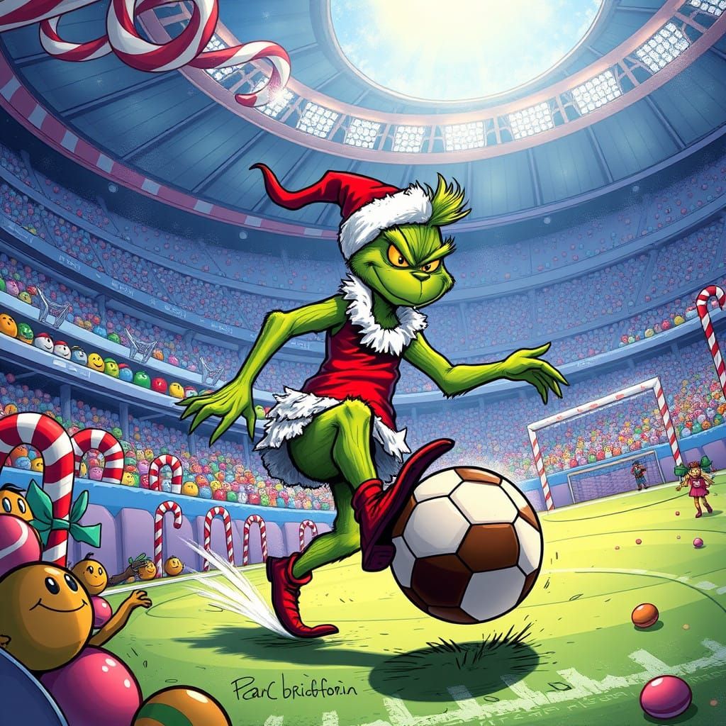 Whimsical Grinch Kicks Chocolate Soccer Ball in Candy Cane S...