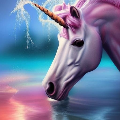 Magical Unicorn Reflection in Lake: Hyperrealistic Fantasy