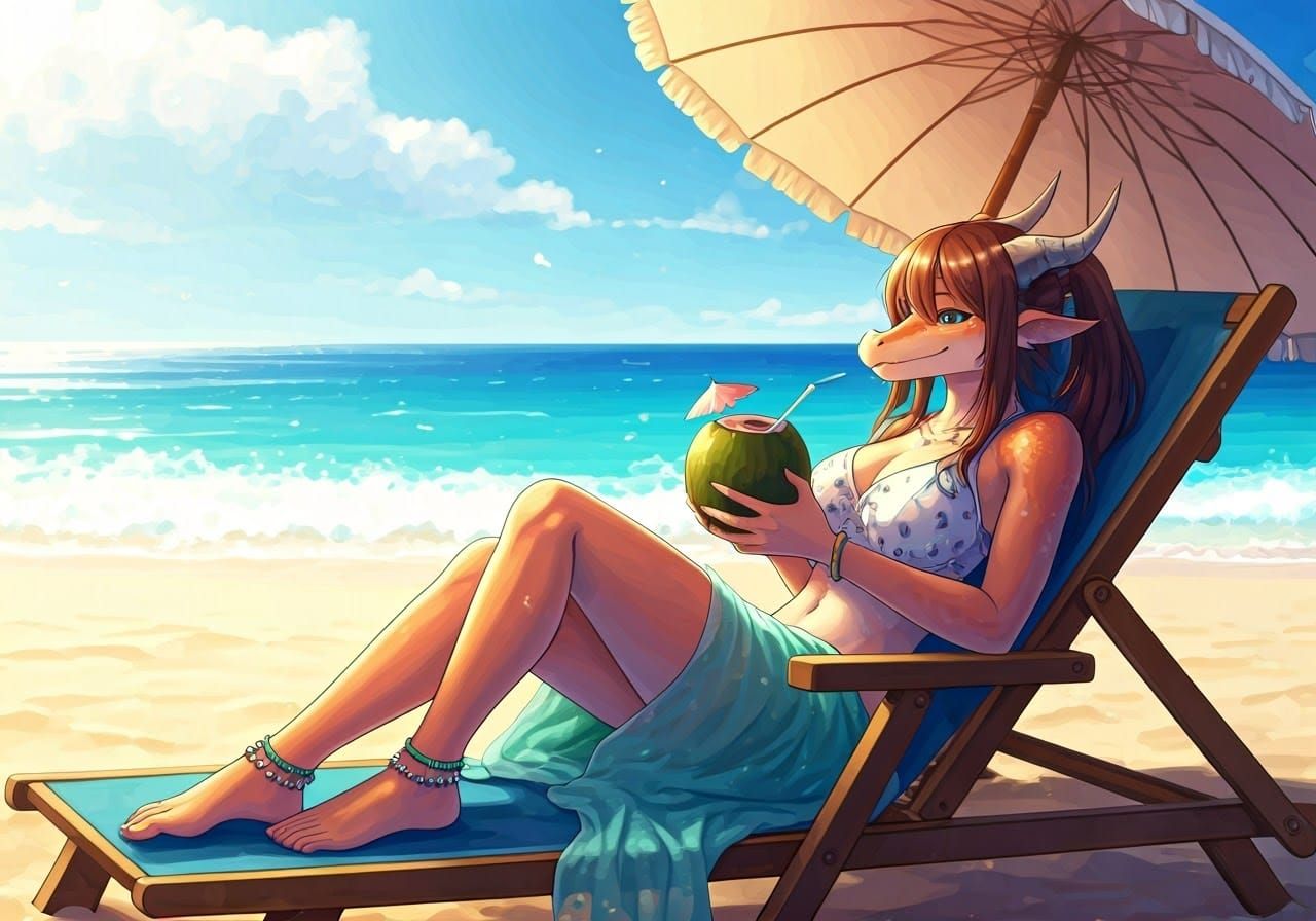 Whimsical Dragon Girl Relaxing by the Beach