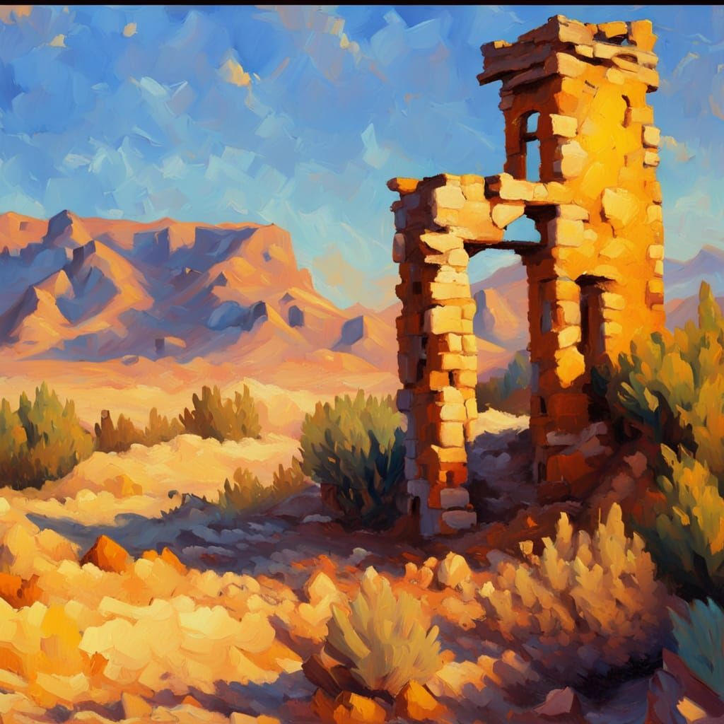 Desert Ruin in Neo-Impressionist Oil Painting Style