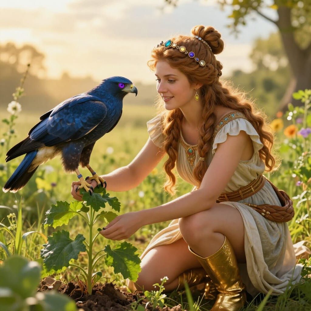 Goddess Demeter Cultivates Lush Growth in Golden Sunlight