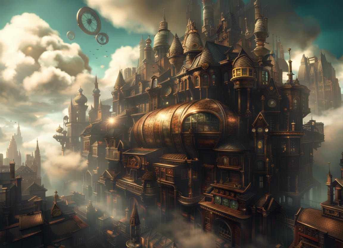 Steampunk City in Clouds: Bioshock-Inspired Digital Art