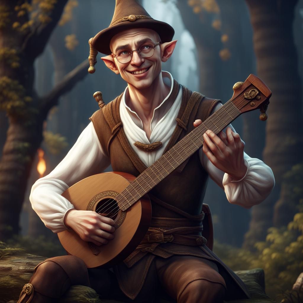 Smiling Bald Elf Bard with Lute, Detailed Matte Painting