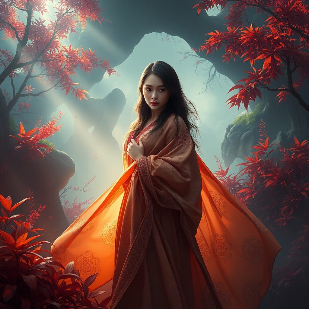 Mystical Woman in Vibrant Fantasy Landscape