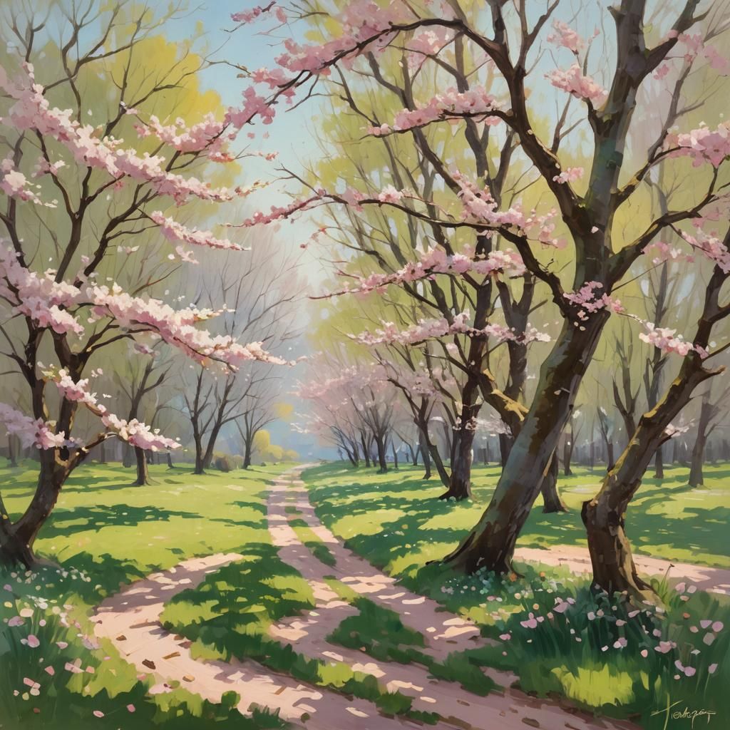 Impressionist Spring Landscape with Falling Blossoms
