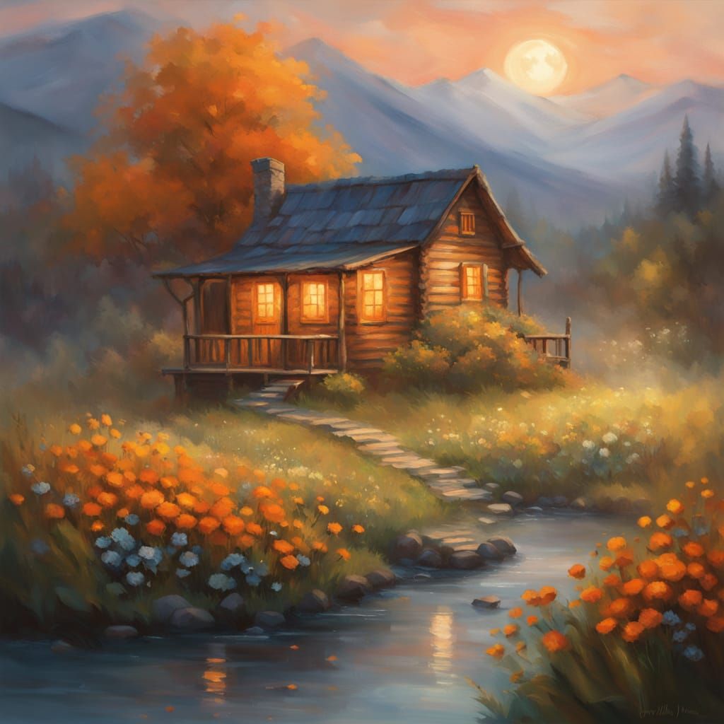 Peaceful Moonlit Cabin by Stream in Impressionistic Oil Pain...