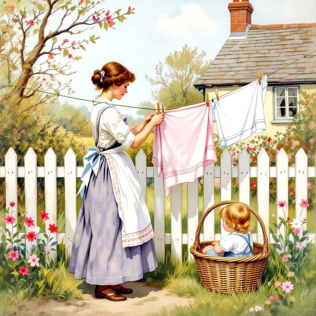 Victorian Woman Hanging Laundry, Soft Color Palette