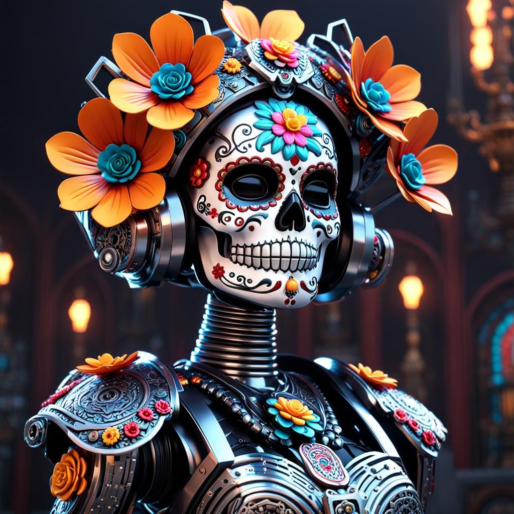 Mexican Sugar skull faced  La Catrina mecha bot  celebrating Dia De  Los Muertos, metal flowers , intricate mech details...