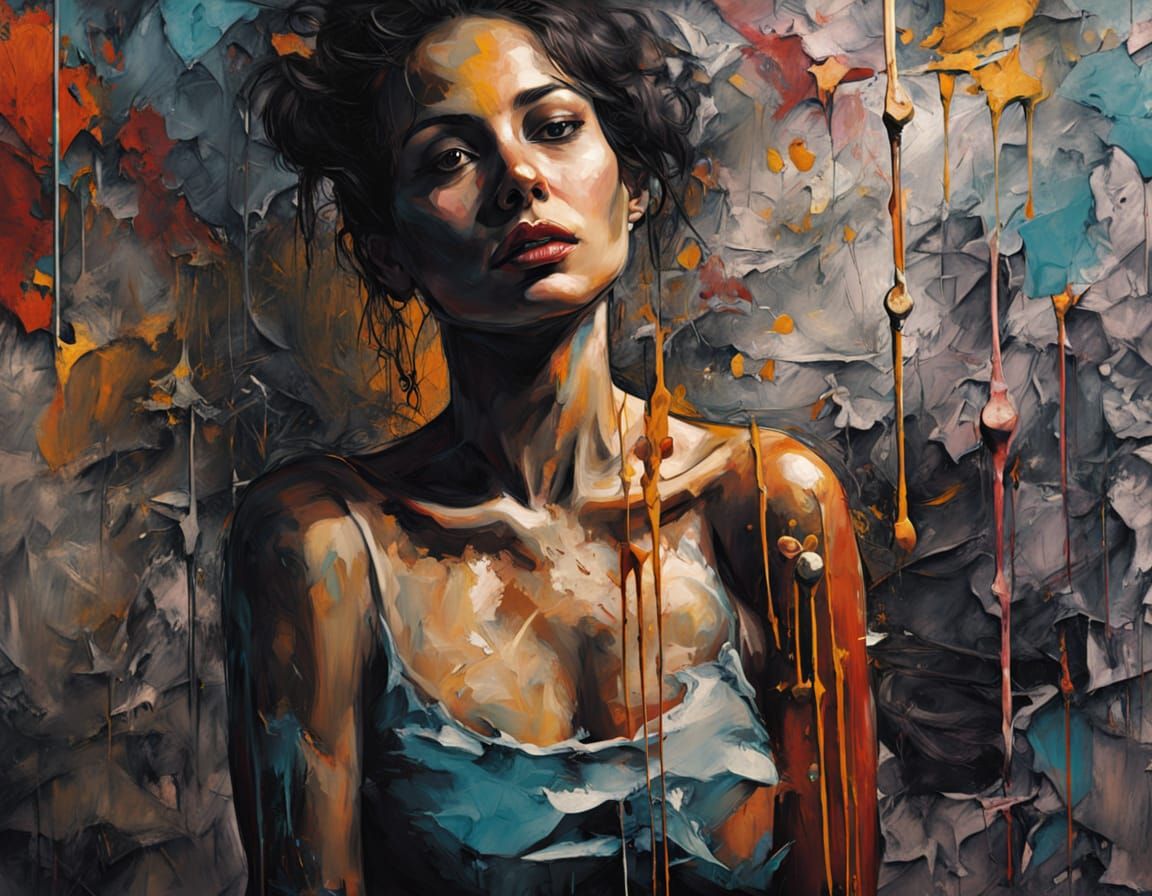 Artist in Studio Painting Woman with Dripping Paint